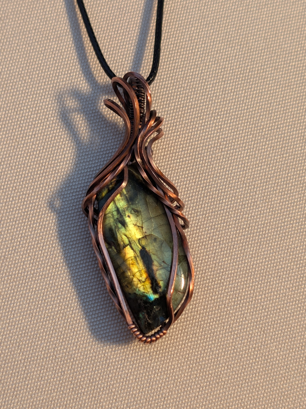 Handmade Copper Wire Wrapped Labradorite Pendant Necklace Golden Flashy Gemstone